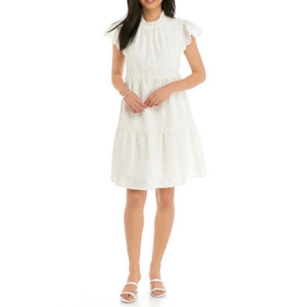 Crown & Ivy Babydoll White Eyelet embroidered Flutter Short Sleeve Tiered Dress